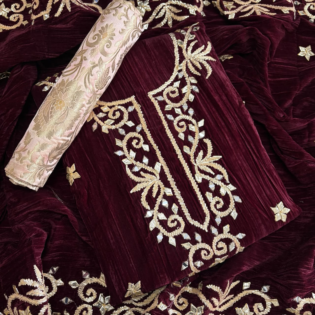 Premium Velvet Gota Patti Mirror Work Suit Set | Unstitched Designer Suit for Women-RT5001-01