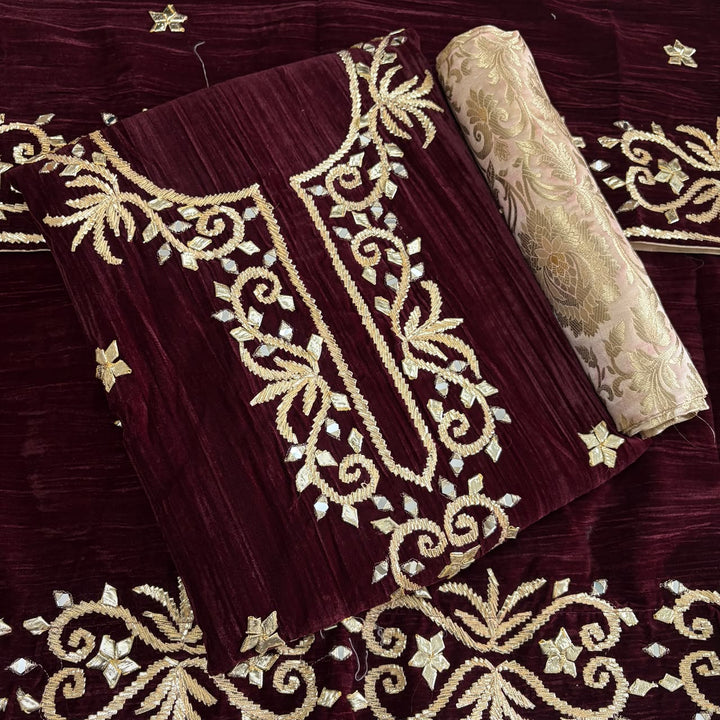 Premium Velvet Gota Patti Mirror Work Suit Set | Unstitched Designer Suit for Women-RT5001-01