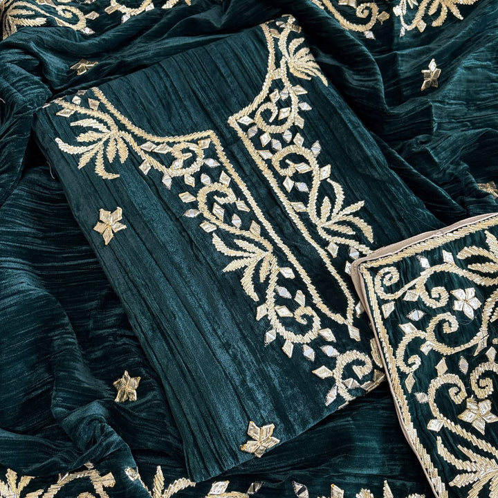 Premium Velvet Gota Patti Mirror Work Suit Set | Unstitched Designer Suit for Women-RT5001-02
