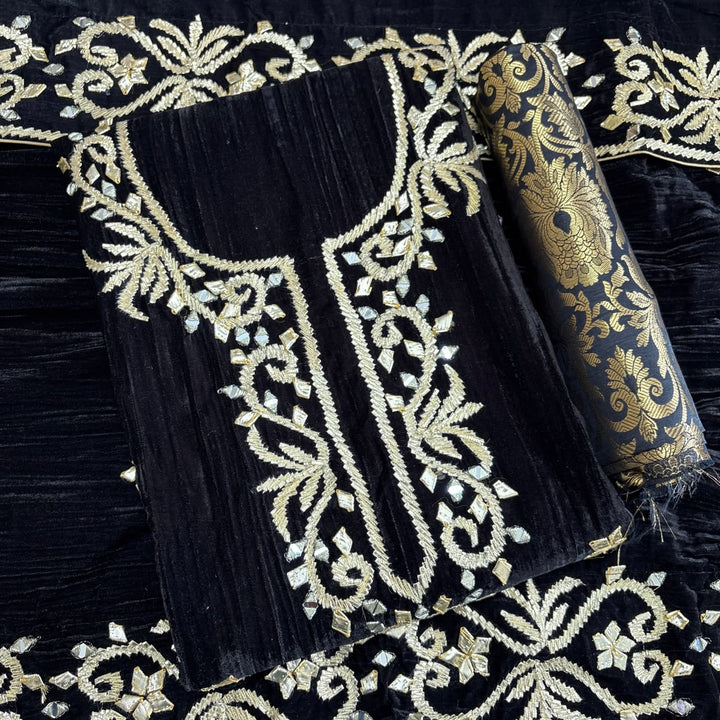 Premium Velvet Gota Patti Mirror Work Suit Set | Unstitched Designer Suit for Women-RT5001-03