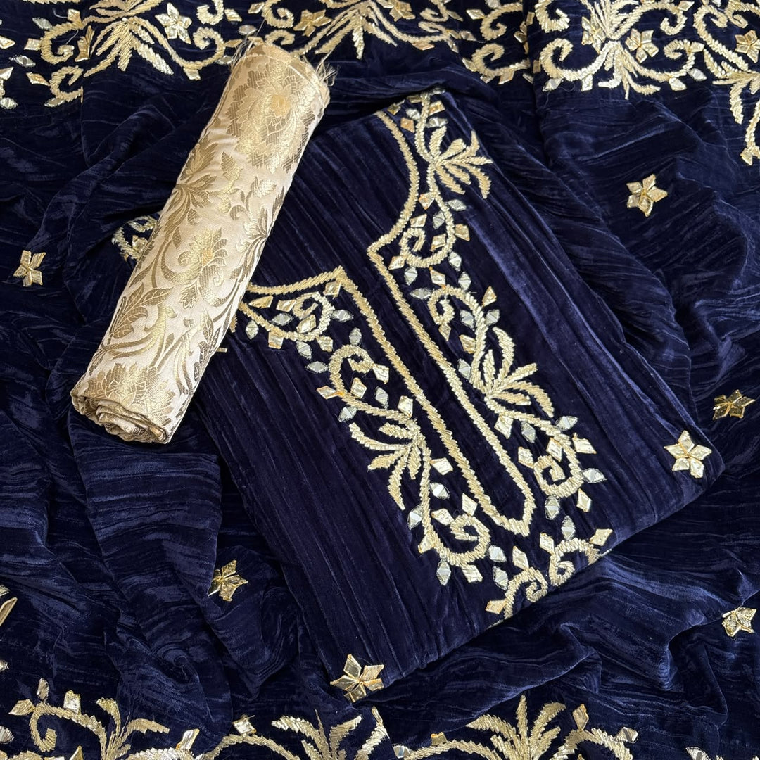 Premium Velvet Gota Patti Mirror Work Suit Set | Unstitched Designer Suit for Women-RT5001-04