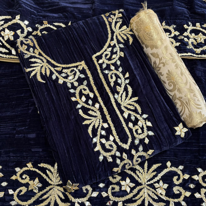 Premium Velvet Gota Patti Mirror Work Suit Set | Unstitched Designer Suit for Women-RT5001-04