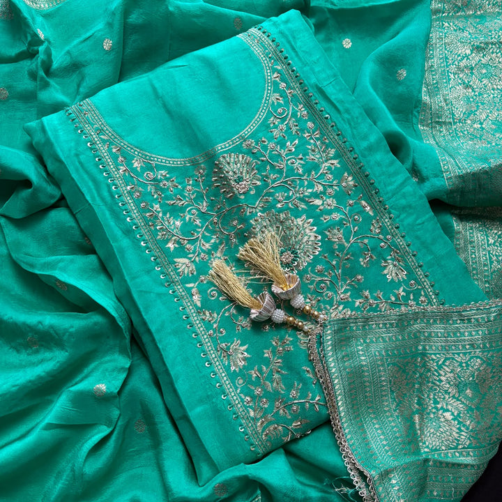 Premium Dola Silk Dabka & Knot Work Unstitched Suit Set | HGT2682-1