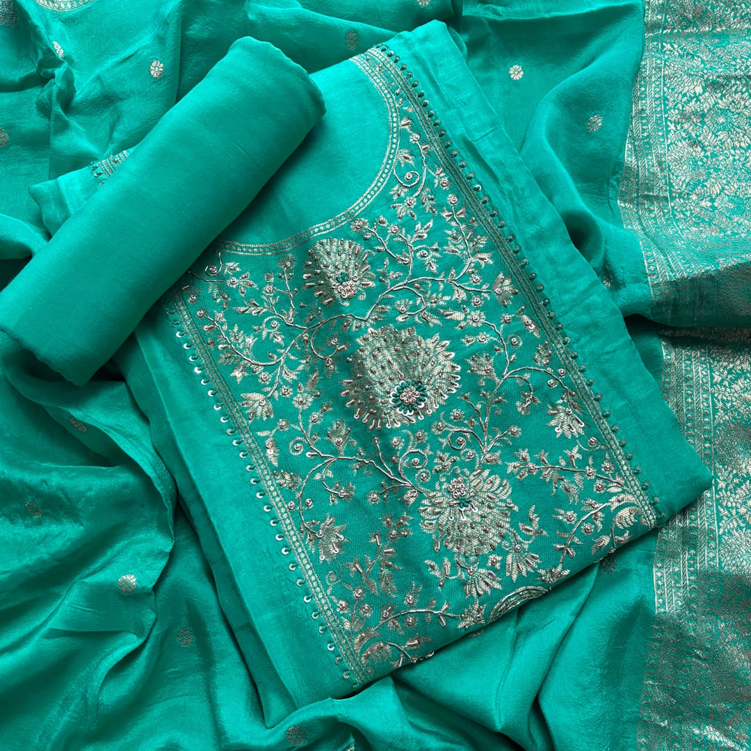 Premium Dola Silk Dabka & Knot Work Unstitched Suit Set | HGT2682-1