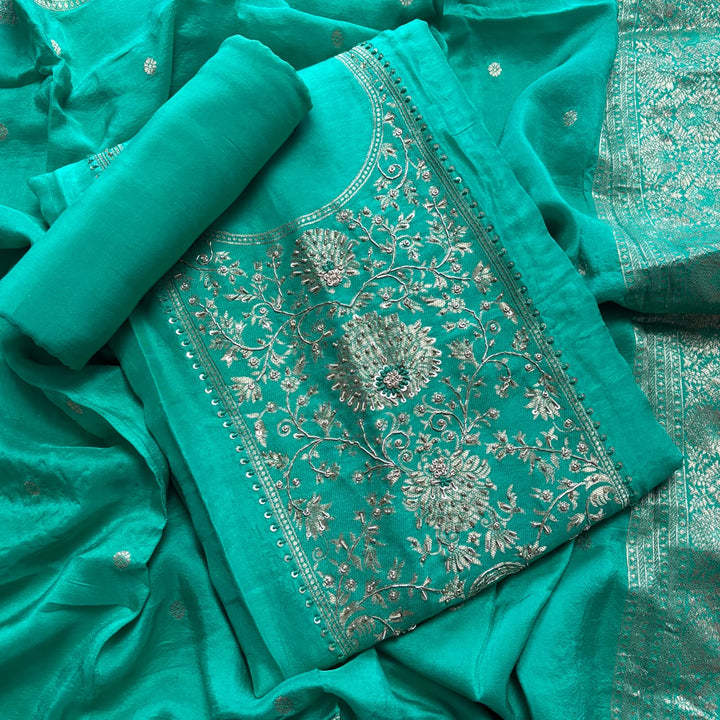 Premium Dola Silk Dabka & Knot Work Unstitched Suit Set | HGT2682-1