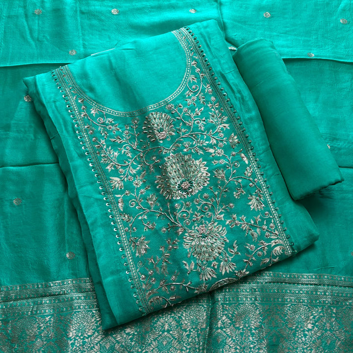 Premium Dola Silk Dabka & Knot Work Unstitched Suit Set | HGT2682-1