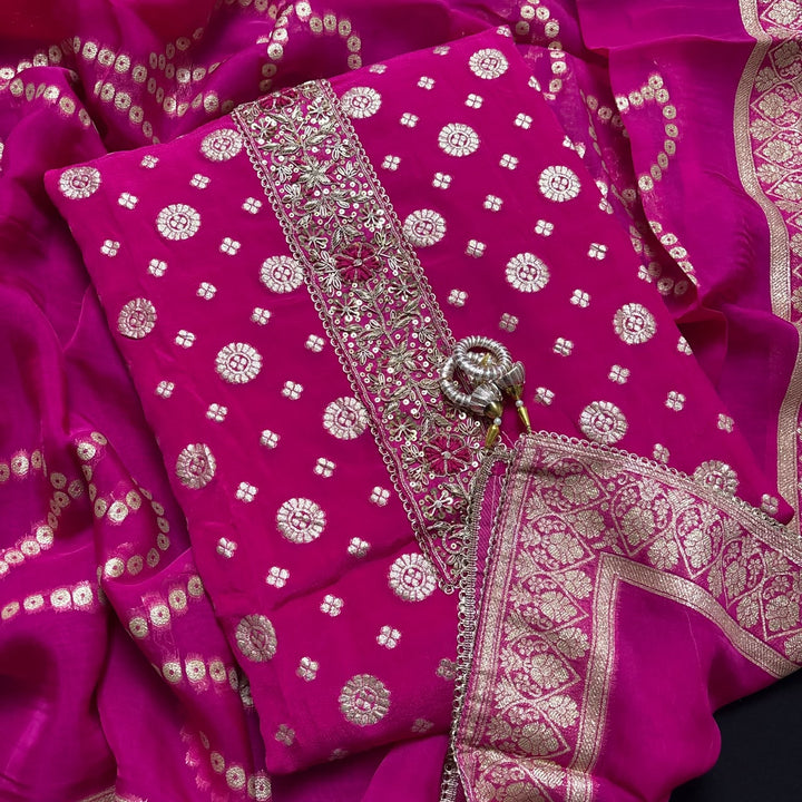 Premium Chinon Crepe Banarasi Dabka Work Unstitched Suit Set | HGT2541-1