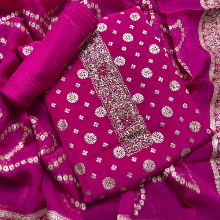 Premium Chinon Crepe Banarasi Dabka Work Unstitched Suit Set | HGT2541-1