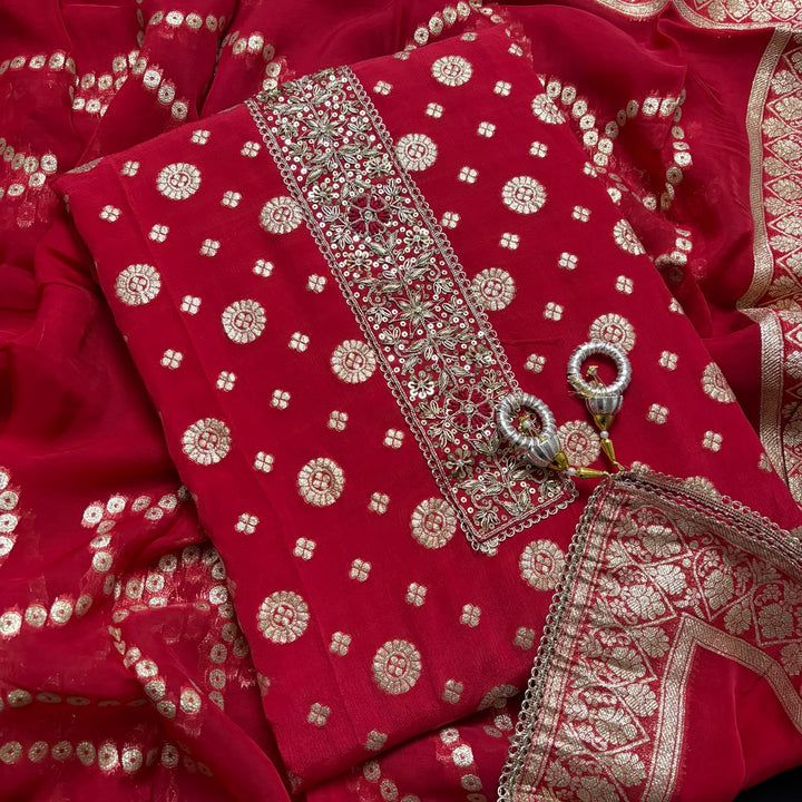 Premium Chinon Crepe Banarasi Dabka Work Unstitched Suit Set | HGT2541-2