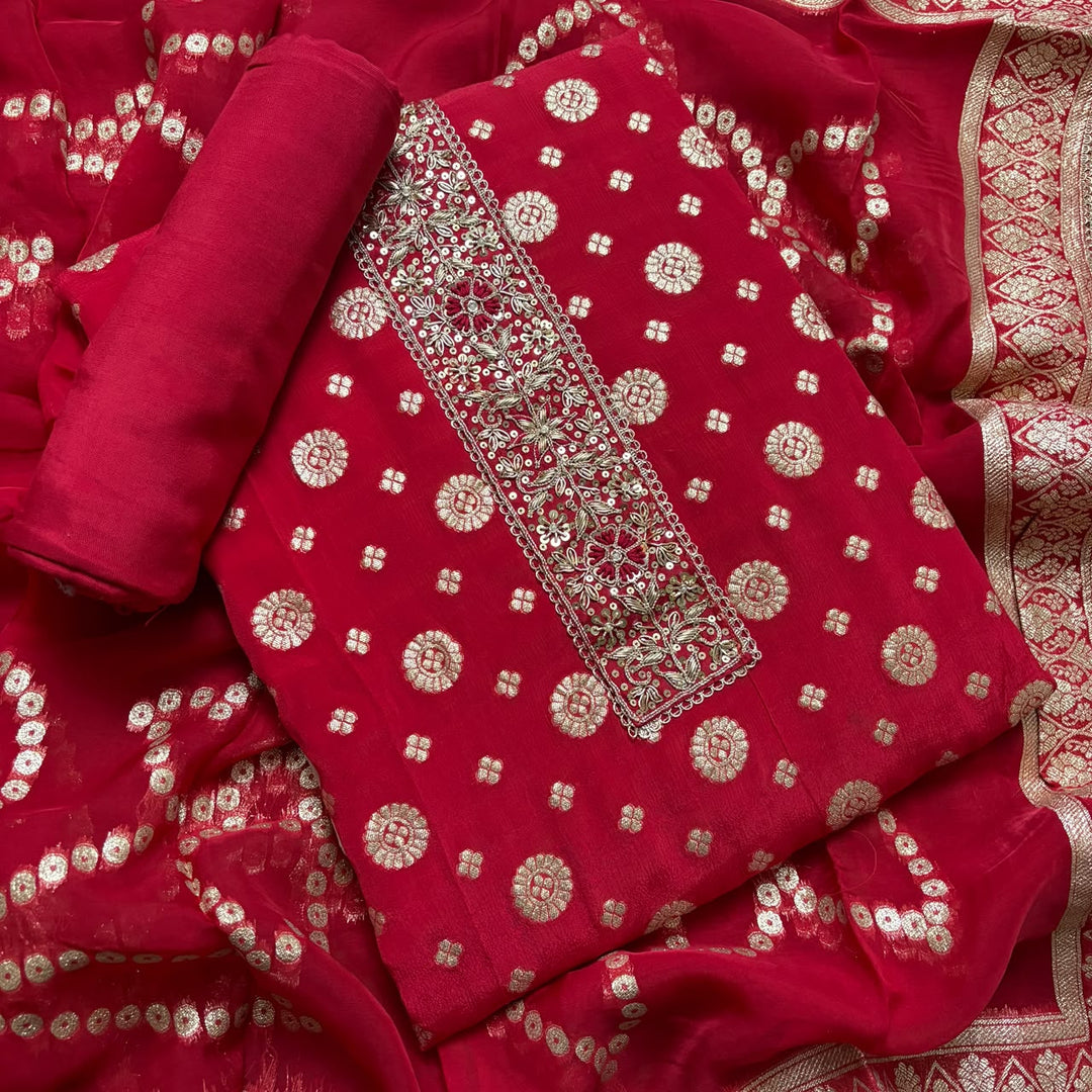 Premium Chinon Crepe Banarasi Dabka Work Unstitched Suit Set | HGT2541-2