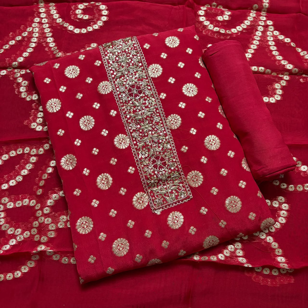 Premium Chinon Crepe Banarasi Dabka Work Unstitched Suit Set | HGT2541-2