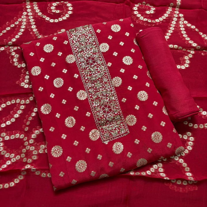 Premium Chinon Crepe Banarasi Dabka Work Unstitched Suit Set | HGT2541-2