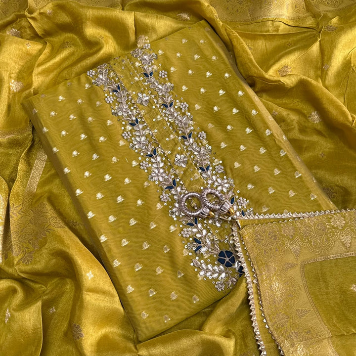 Premium Chanderi Hand Dabka Work Unstitched Suit Set | CH5295-1
