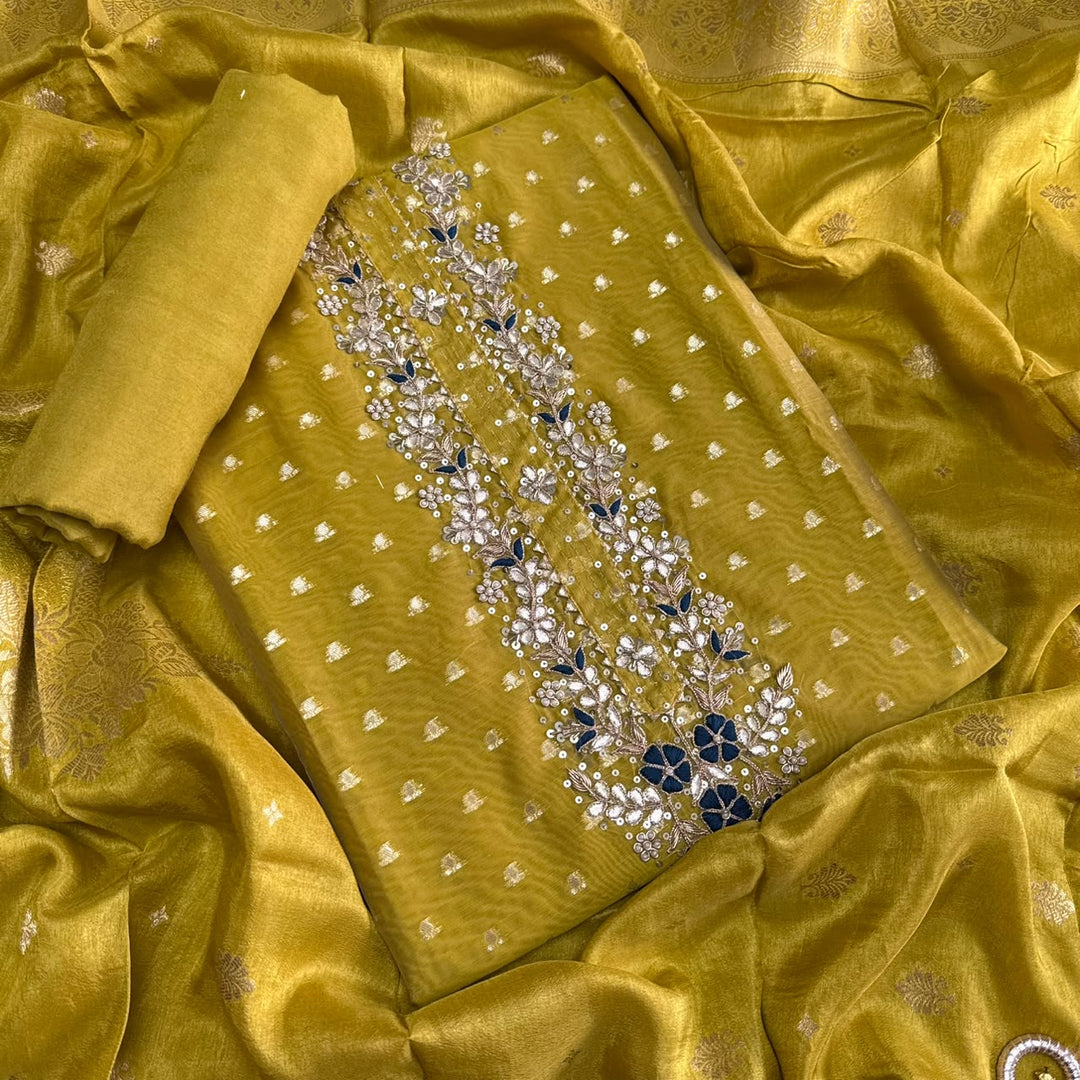 Premium Chanderi Hand Dabka Work Unstitched Suit Set | CH5295-1