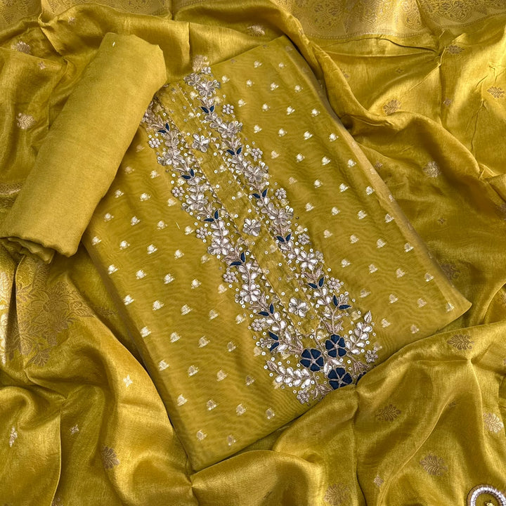 Premium Chanderi Hand Dabka Work Unstitched Suit Set | CH5295-1