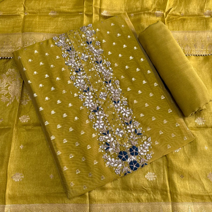 Premium Chanderi Hand Dabka Work Unstitched Suit Set | CH5295-1