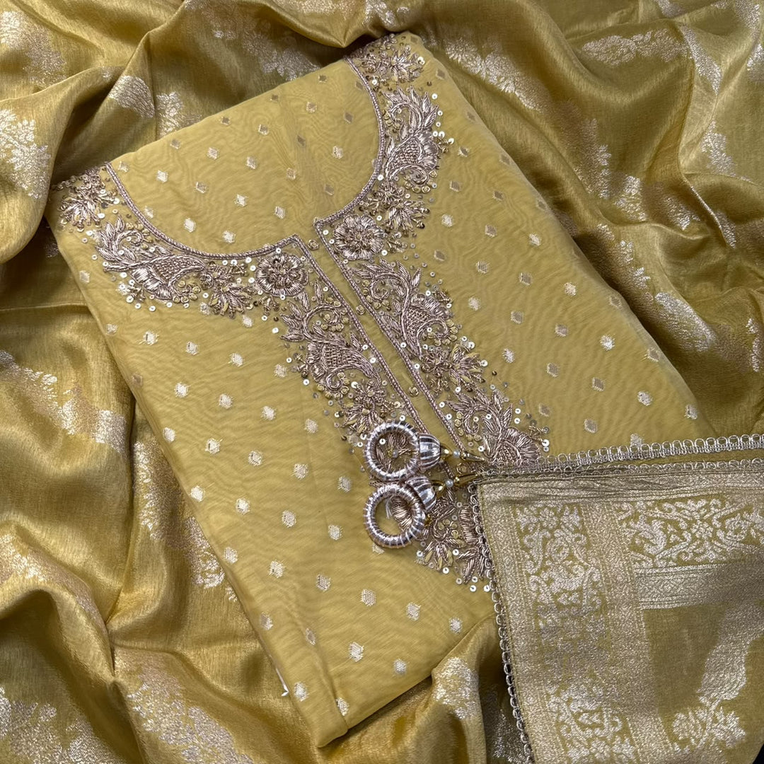 Premium Chanderi Hand Dabka Work Unstitched Suit Set | CH5364-1
