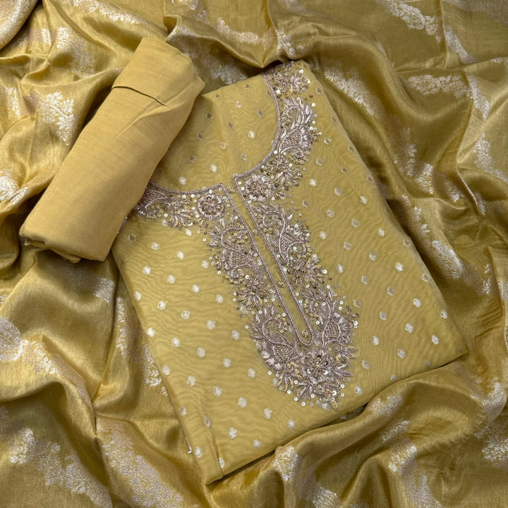 Premium Chanderi Hand Dabka Work Unstitched Suit Set | CH5364-1
