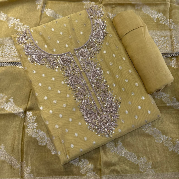 Premium Chanderi Hand Dabka Work Unstitched Suit Set | CH5364-1