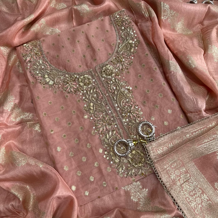 Premium Chanderi Hand Dabka Work Unstitched Suit Set | CH5364-2
