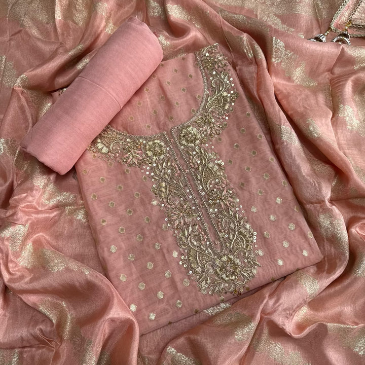 Premium Chanderi Hand Dabka Work Unstitched Suit Set | CH5364-2
