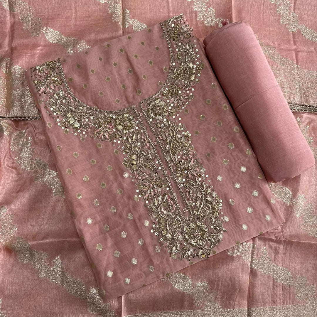 Premium Chanderi Hand Dabka Work Unstitched Suit Set | CH5364-2