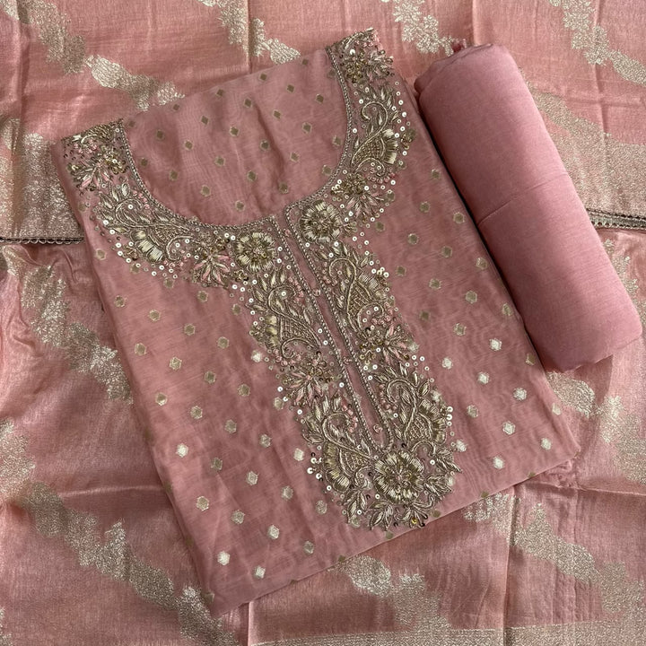 Premium Chanderi Hand Dabka Work Unstitched Suit Set | CH5364-2