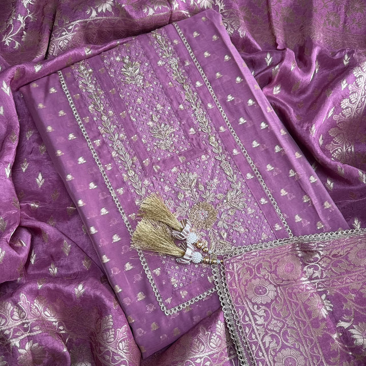 Premium Chanderi Hand Dabka Work Unstitched Suit Set | CH5371-1