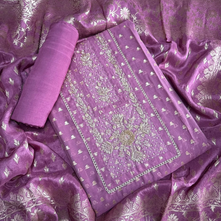 Premium Chanderi Hand Dabka Work Unstitched Suit Set | CH5371-1