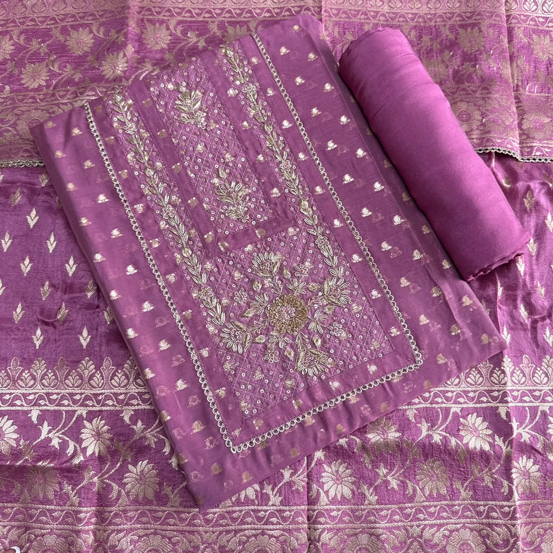 Premium Chanderi Hand Dabka Work Unstitched Suit Set | CH5371-1