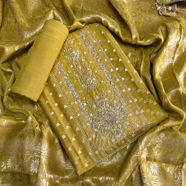 Premium Chanderi Hand Dabka Work Unstitched Suit Set | CH5371-2