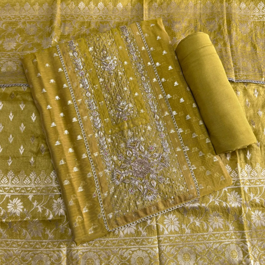 Premium Chanderi Hand Dabka Work Unstitched Suit Set | CH5371-2