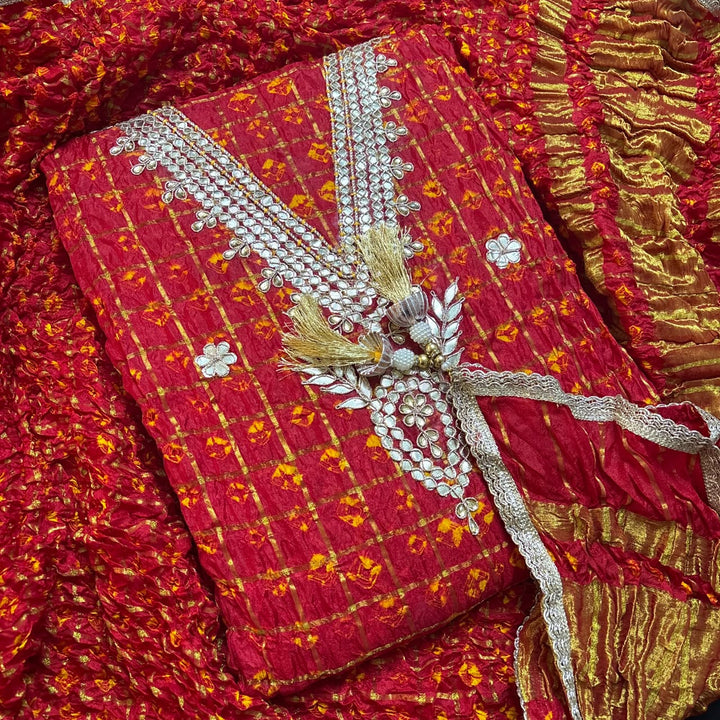 Premium Ghatchola Silk Gota Patti Work Unstitched Suit Set-HGT2727-A1