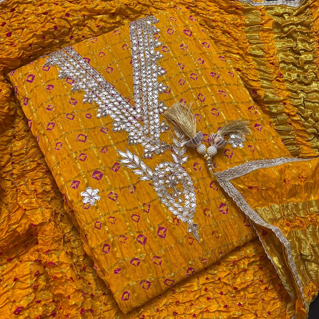 Premium Ghatchola Silk Gota Patti Work Unstitched Suit Set-HGT2727-A