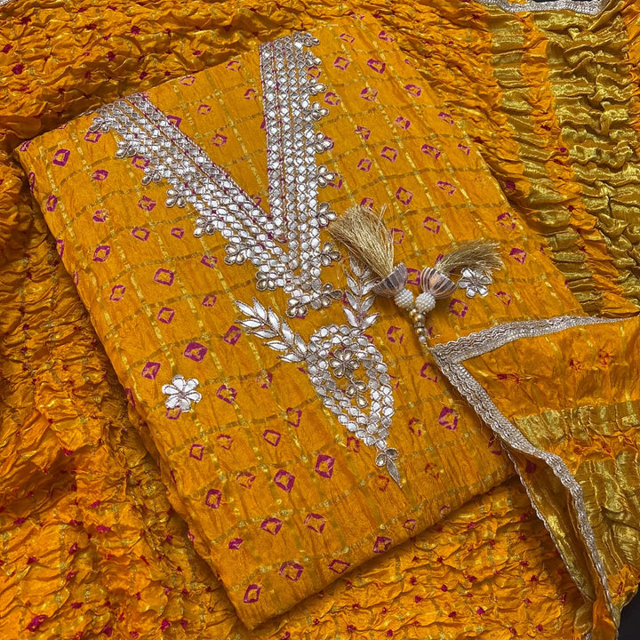 Premium Ghatchola Silk Gota Patti Work Unstitched Suit Set-HGT2727-A