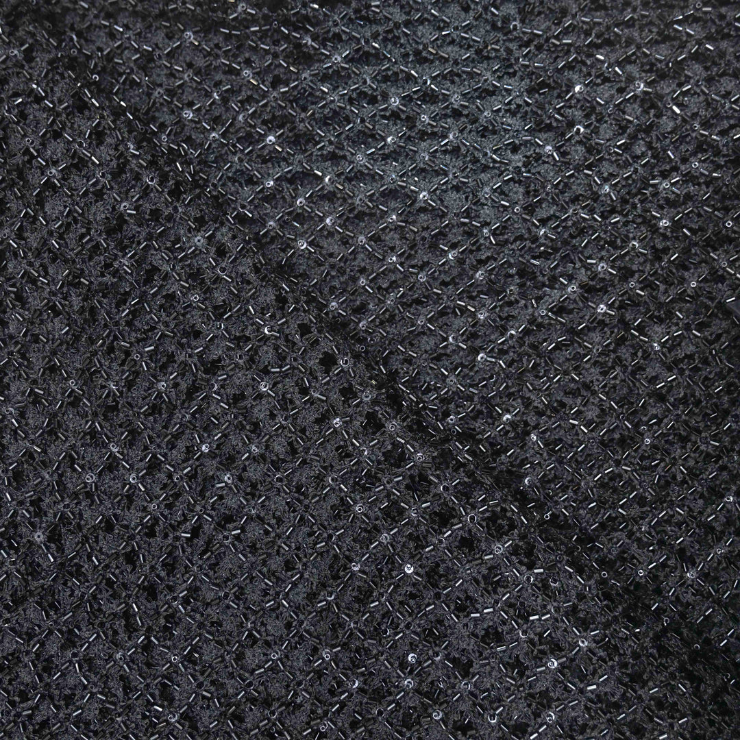 Raven Black Imported Net Fabric with Cutdana Embroidery