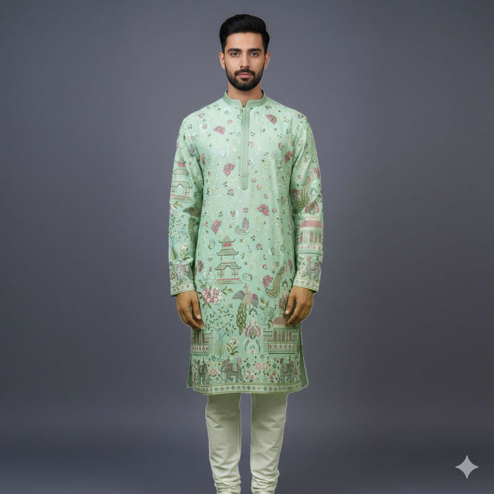 Mint Green allover Resham Dhaga Georgette Kurta Set