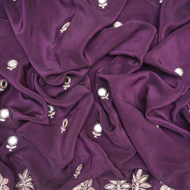 Purple Crepe Fabric with Zari & Mirrorwork Embroidery