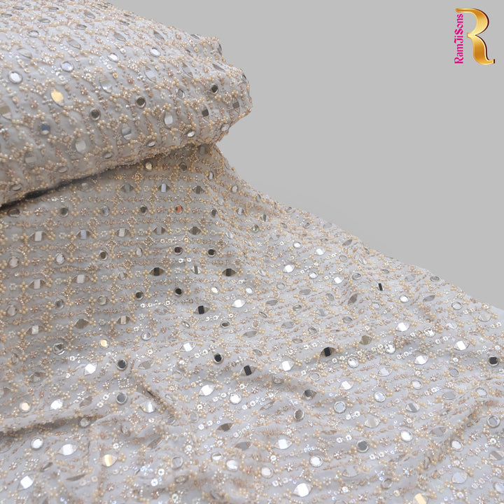 White Georgette Fabric with allover Mirrorwork, Zariwork & Pearl | 54859